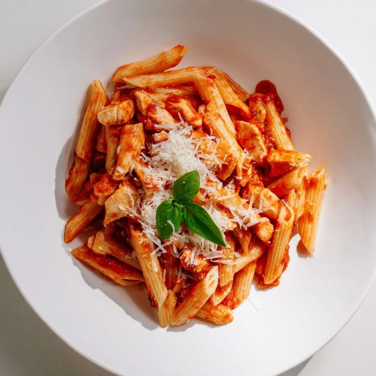 Close-up on tender chicken and penne noodles tossed in a steaming, garlic-infused tomato sauce, perfect for a quick dinner.