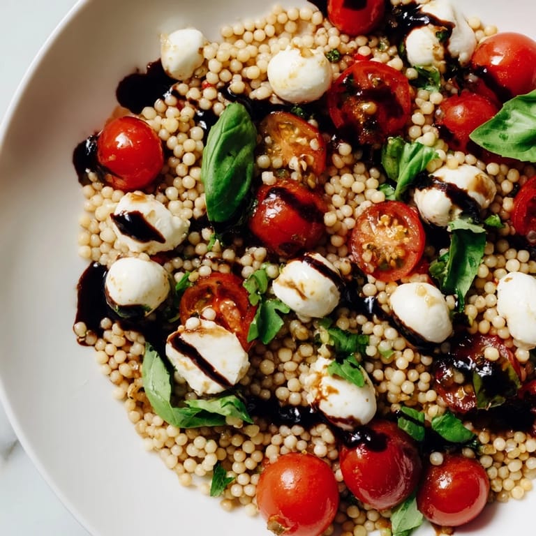 Overhead view of Caprese Couscous Salad, ready to serve with a drizzle of balsamic glaze on a rustic table.