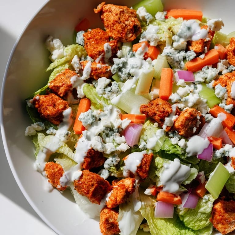 Bright, fresh Buffalo Chicken Chopped Salad topped with crumbled blue cheese and drizzled with ranch dressing.