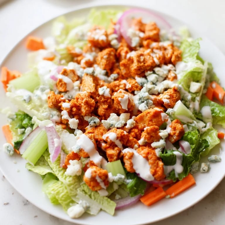 Hearty Buffalo Chicken Chopped Salad with buffalo chicken, crisp veggies, and red onion, served on a plate.