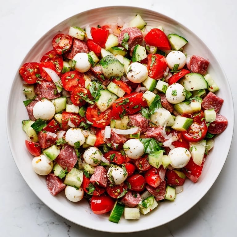 Overhead view of the Crunchy Antipasto Chopped Salad garnished with fresh parsley and basil, highlighting the textures of black olives, salami, and mozzarella in a zesty dressing.