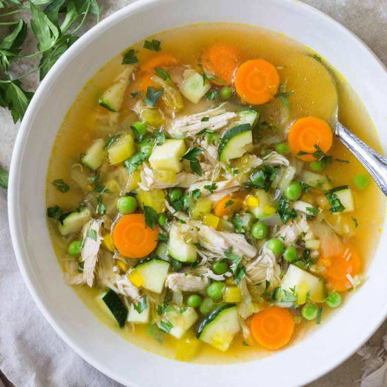 Fresh parsley garnishes this Spring Garden Chicken Soup, served hot alongside crusty bread for dipping.  