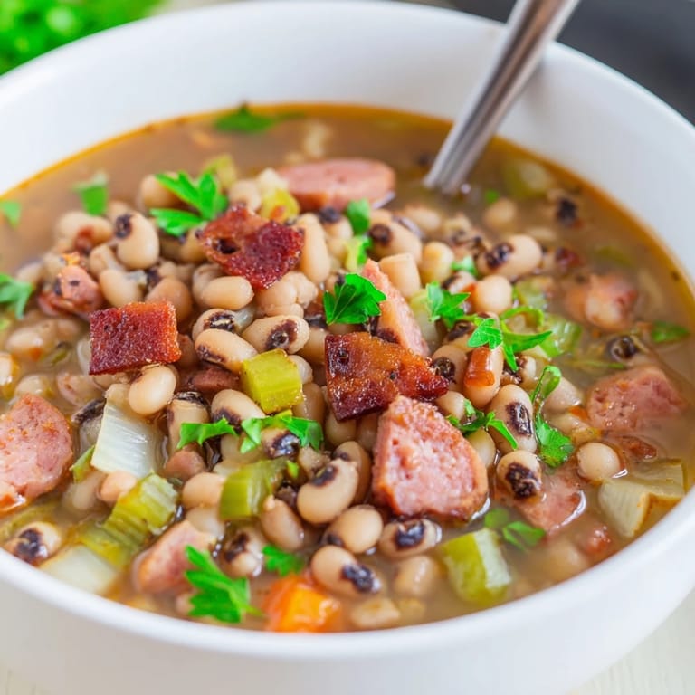 A close-up of Southern-Style Black-Eyed Peas reveals diced vegetables and smoky sausage in a rich, savory broth garnished with fresh parsley.
