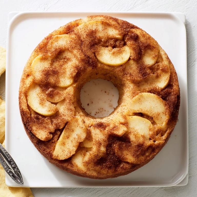 A close-up of a soft, moist Baked Apple Cake, featuring warm, sweet apple slices.