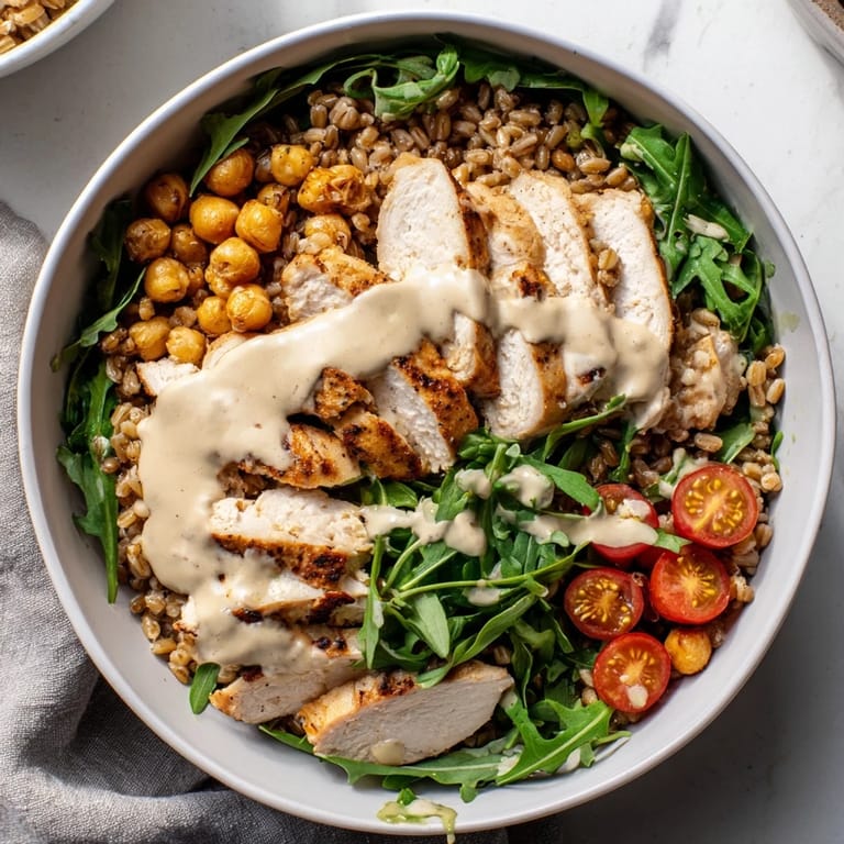 Healthy meal-prep Lemon Tahini Chicken Power Bowl served with juicy chicken, hearty grains, fresh vegetables, and a rich lemon-tahini drizzle.