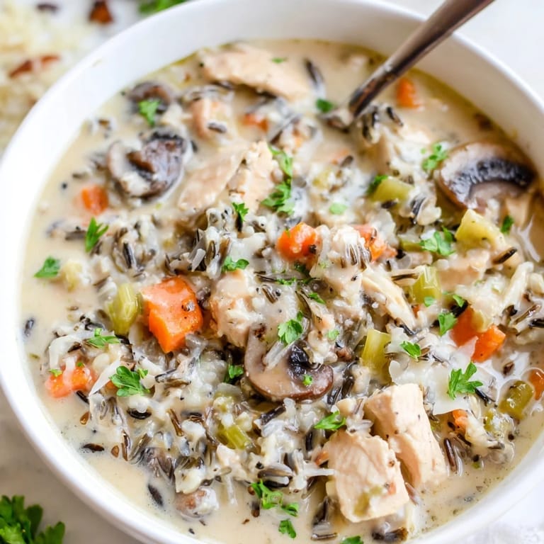 Comforting bowl of Parmesan Mushroom Chicken and Wild Rice Soup with Parmesan shavings and steam rising.