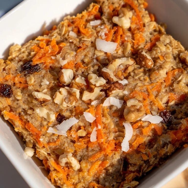 Hearty squares of Carrot Cake Baked Oatmeal served with a dollop of creamy Greek yogurt.