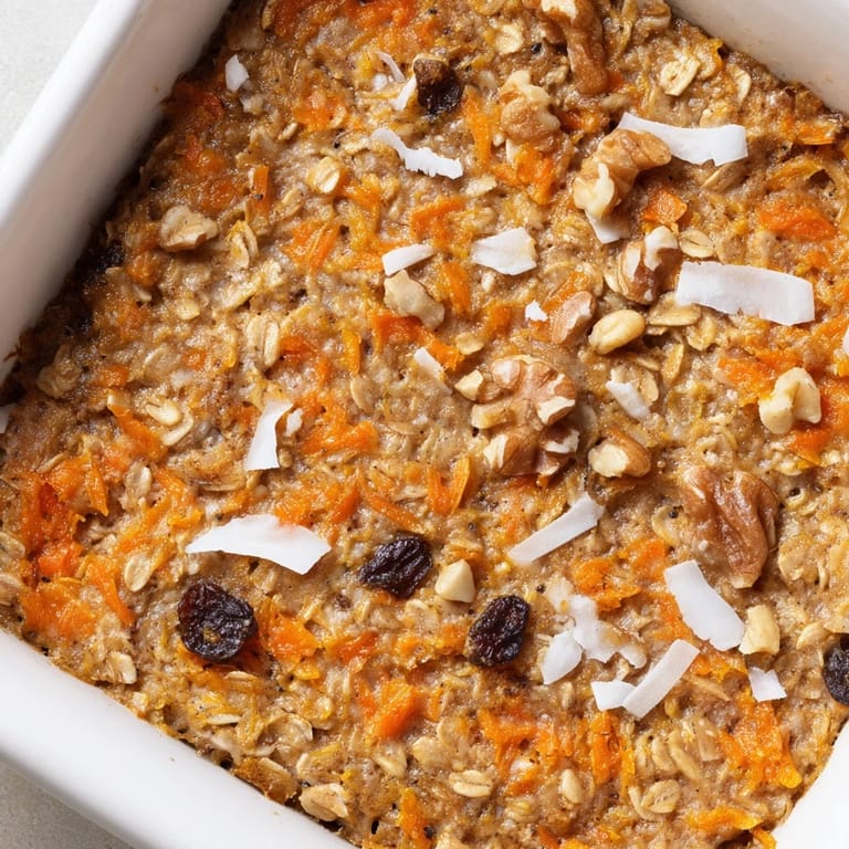 Freshly baked Carrot Cake Baked Oatmeal cooling on a wire rack, ready for a wholesome breakfast.