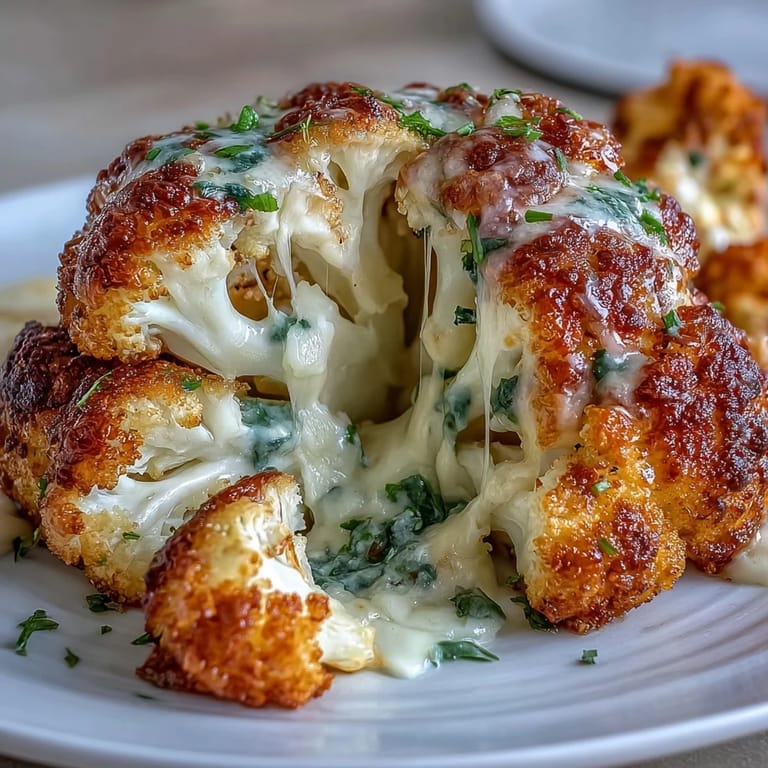 Close-up of Cheesy Stuffed Cauliflower Head sliced into wedges, revealing a rich, herb-flecked cheese center and crispy, buttery topping on the roasted surface.  