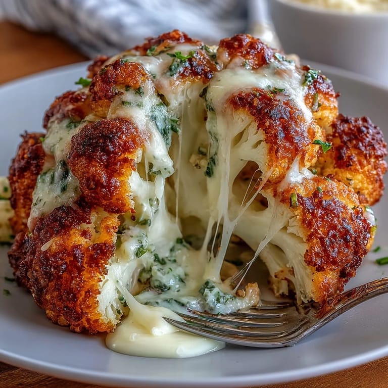 Perfectly roasted Cheesy Stuffed Cauliflower Head plated with fresh chives, ready to serve as a stunning gluten-free vegetarian centerpiece for dinner.