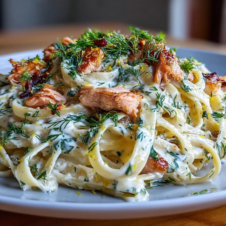 Flaky hot-smoked salmon tossed in rich lemon cream sauce with fettuccine pasta.