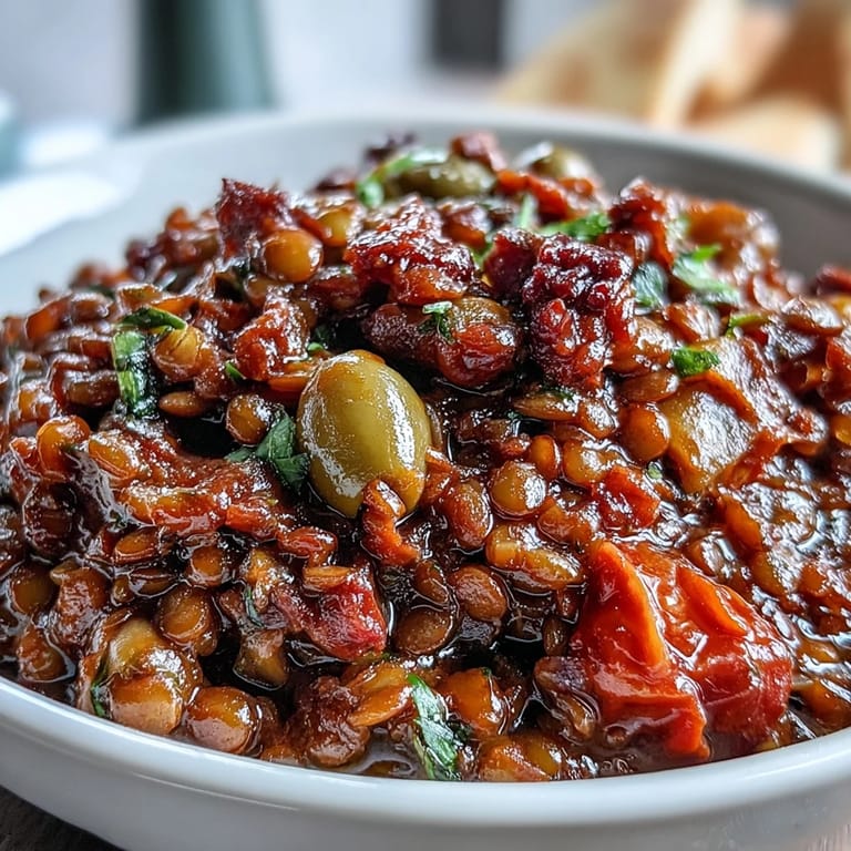 Close-up of Cuban-Inspired Lentil Picadillo showing briny olives, sweet raisins, and diced vegetables in the savory stew.