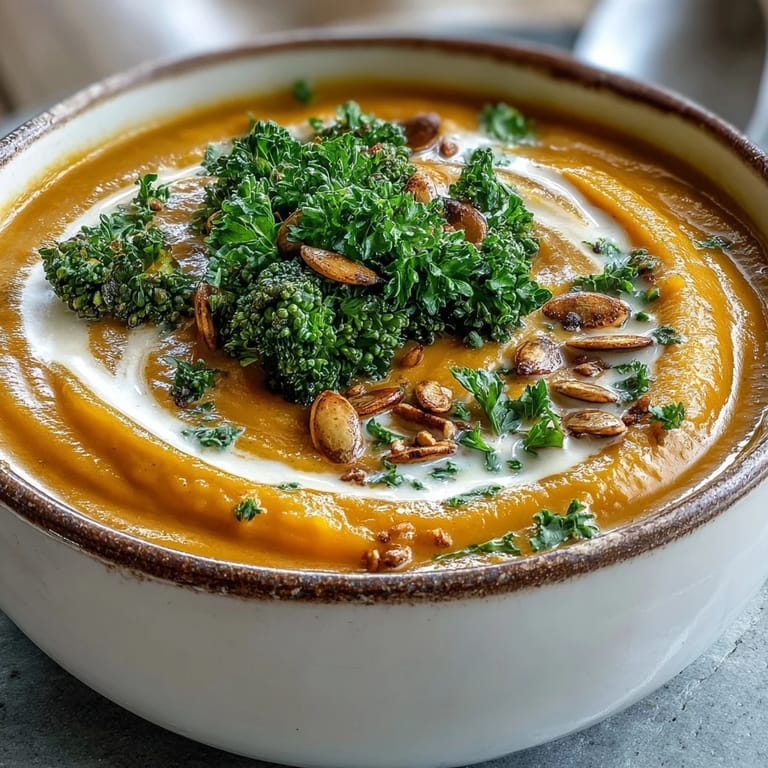 A steaming bowl of Roasted Broccoli and Butternut Squash Soup topped with toasted pumpkin seeds and fresh parsley.