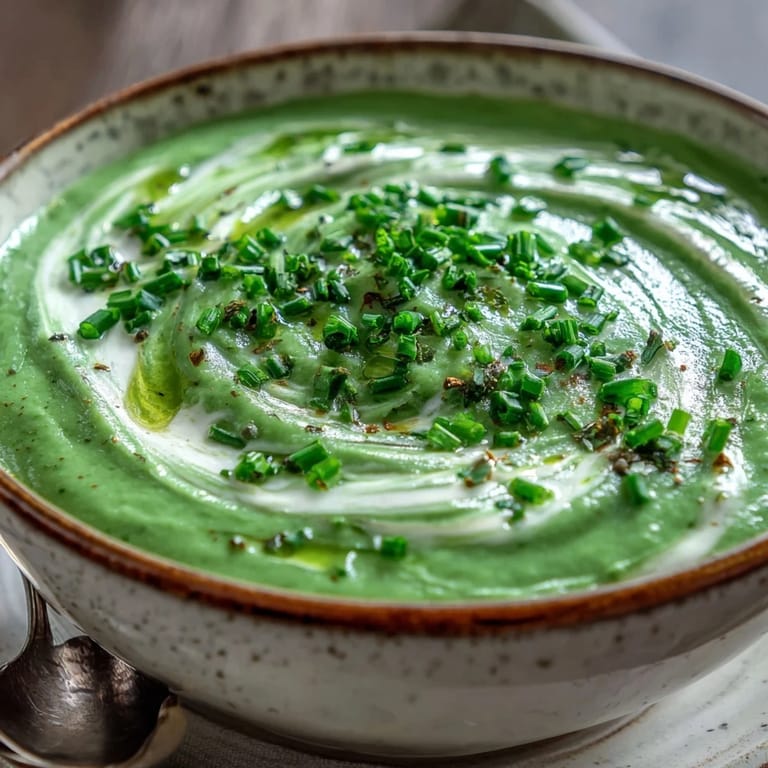 A bowl of velvety Cream of Broccoli Soup garnished with a swirl of cream, served on a rustic table.