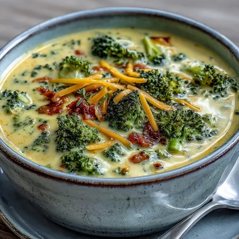 A bowl of hearty Roasted Broccoli Cheddar Soup topped with extra sharp cheddar and a sprinkle of thyme.