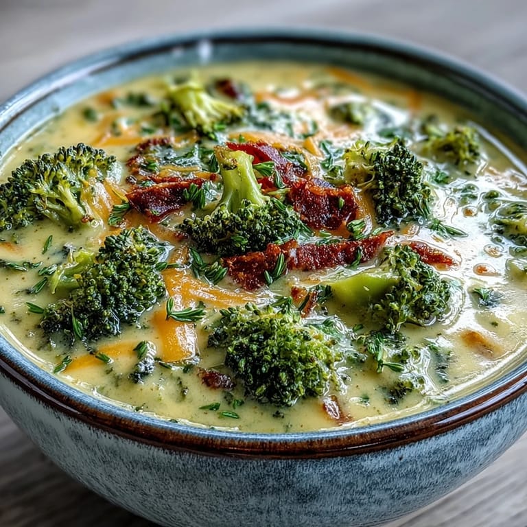 Comforting Roasted Broccoli Cheddar Soup served hot in a rustic bowl, paired with a slice of crusty bread.