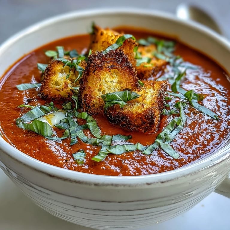 Silky smooth Roasted Tomato Basil Soup served in a rustic ceramic bowl, with toasted bread for dipping on the side.