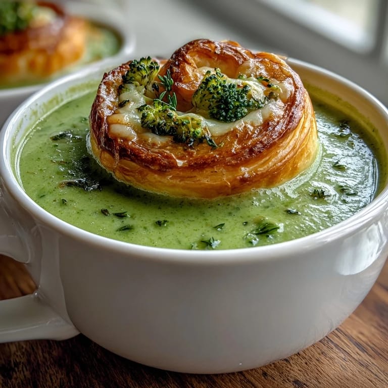Warm Creamy Broccoli and Butternut Squash Soup With Pastries served beside fresh herbs and wine.