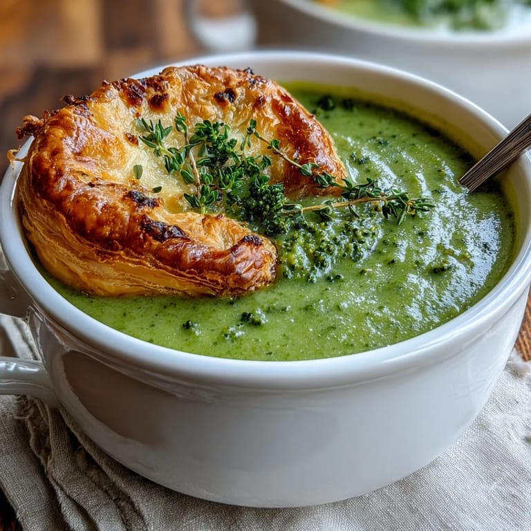 Close-up of Creamy Broccoli and Butternut Squash Soup With Pastries featuring a spoon dipping into velvety soup.