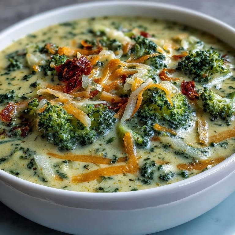 Comforting bowl of homemade Broccoli Cheddar Soup topped with extra sharp cheddar.