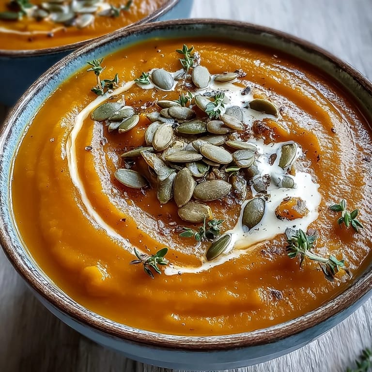 Velvety roasted butternut squash soup garnished with fresh thyme, perfect for chilly autumn nights.