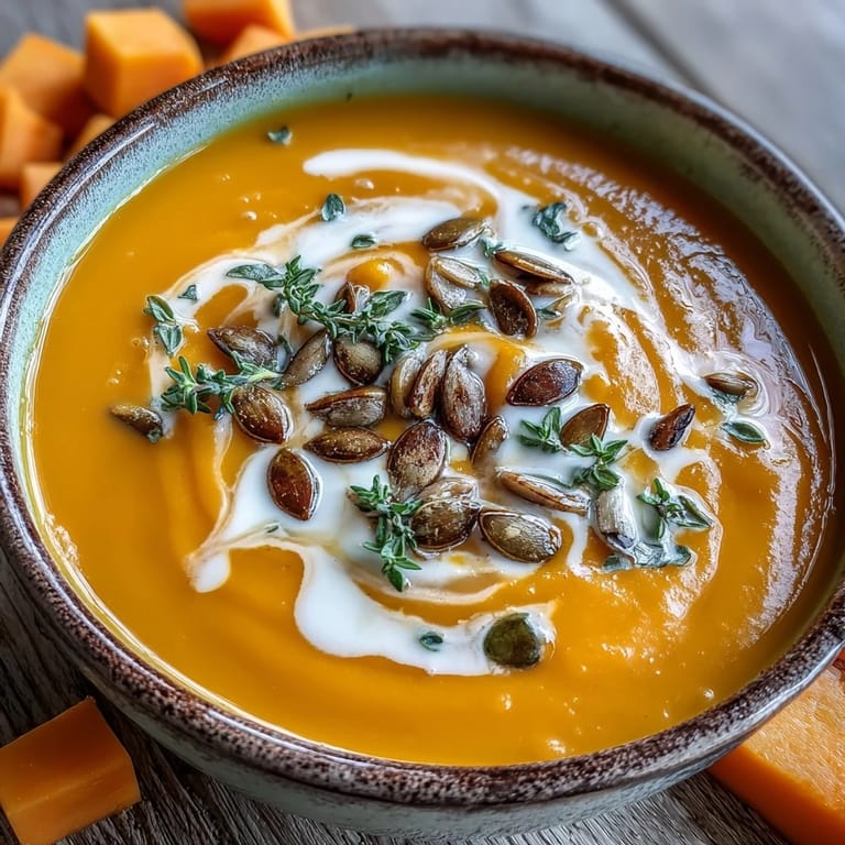 Golden-brown roasted butternut squash soup simmering in pot, ready to blend with warm spices.