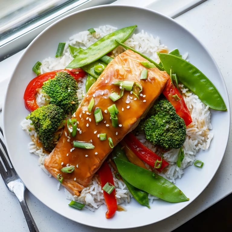 Glossy, caramelized Maple Soy Glazed Salmon resting on a fluffy bed of rice alongside vibrant, crunchy vegetables, with fresh lime wedges for a zesty finishing touch.