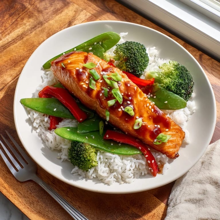 Easy weeknight Maple Soy Glazed Salmon featuring tender fish with a sticky glaze, paired with aromatic rice and colorful stir-fried vegetables for a balanced, healthy meal.