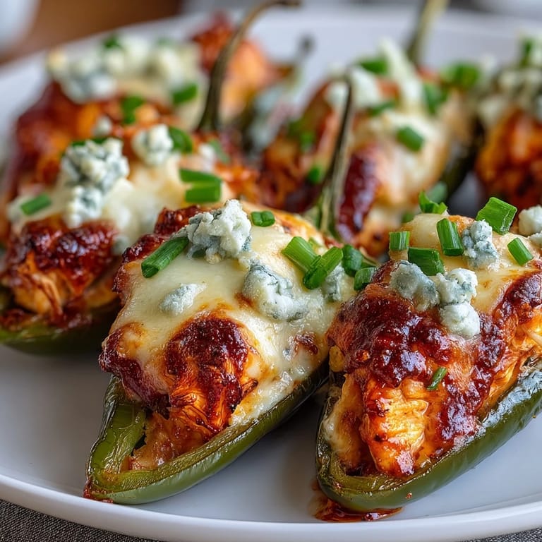 Baked Buffalo Wing Poppers featuring spicy baked jalapeño halves filled with creamy blue cheese and shredded chicken for game day.