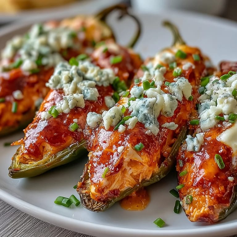 Close-up of Buffalo Wing Poppers showing melted cheese and tender peppers, served with extra sauce for dipping.