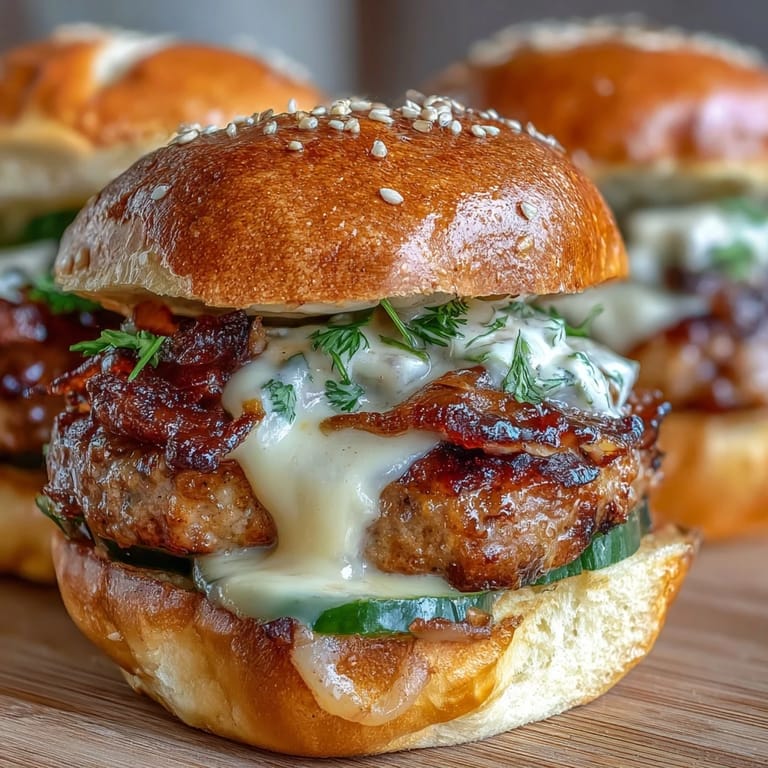 A close-up of a toasted Touchdown Brat Slider with melted cheddar and a juicy bratwurst patty.