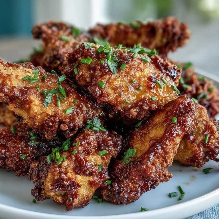 Freshly fried chicken wings coated in smoky BBQ sauce, garnished with sliced scallions on a platter.
