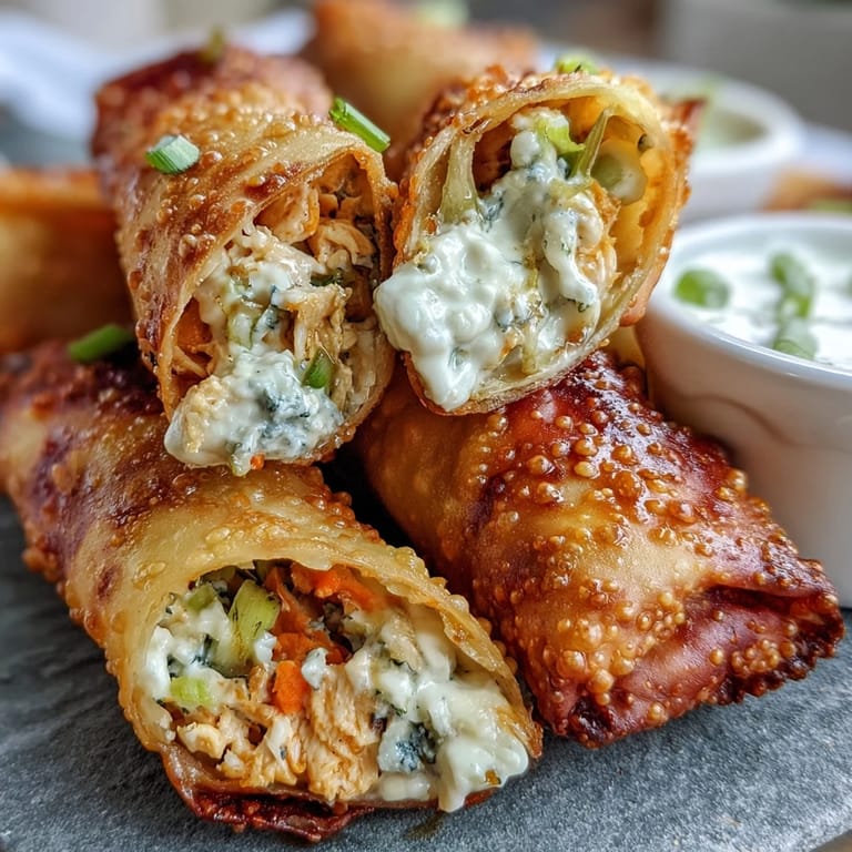 Freshly baked Buffalo Chicken Egg Rolls with golden wrappers and a spicy filling next to blue cheese dip.