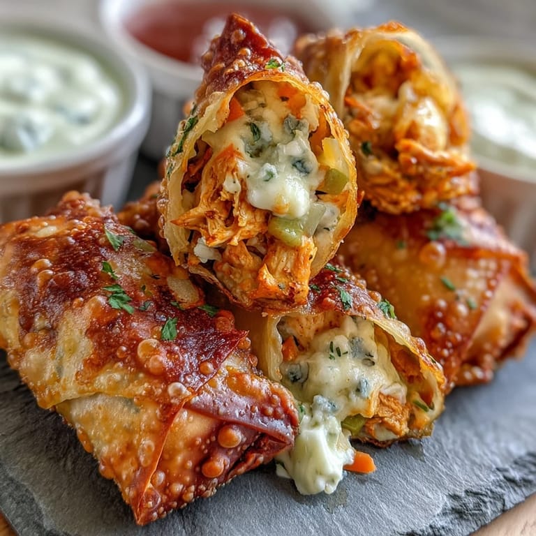 Crispy fried Buffalo Chicken Egg Rolls with ranch dip served on a game day platter with carrots.