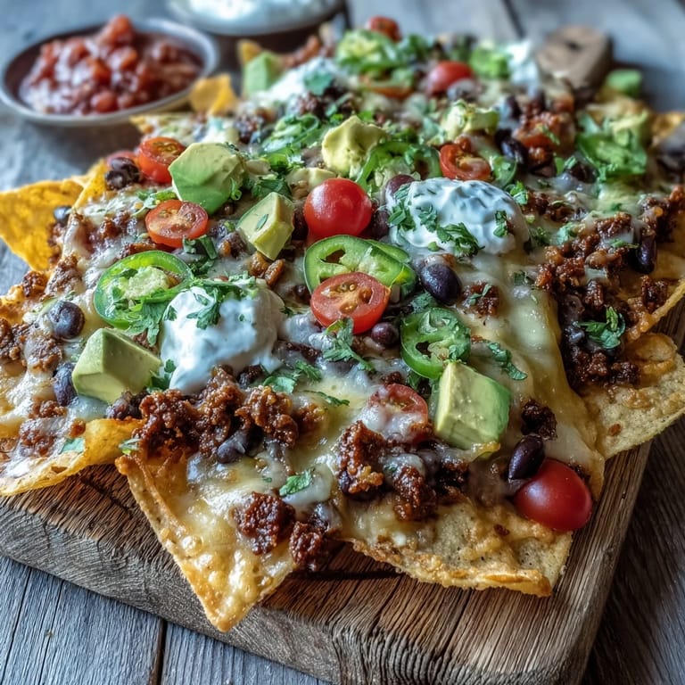 Sizzling hot Baked Nachos topped with creamy avocado, diced tomatoes, and sour cream for dipping.