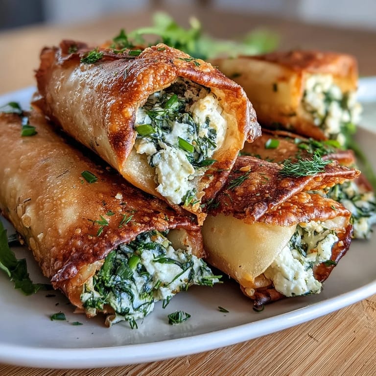 Close-up of freshly fried Spanakopita Spring Rolls showing flaky, golden-brown texture on a serving platter.