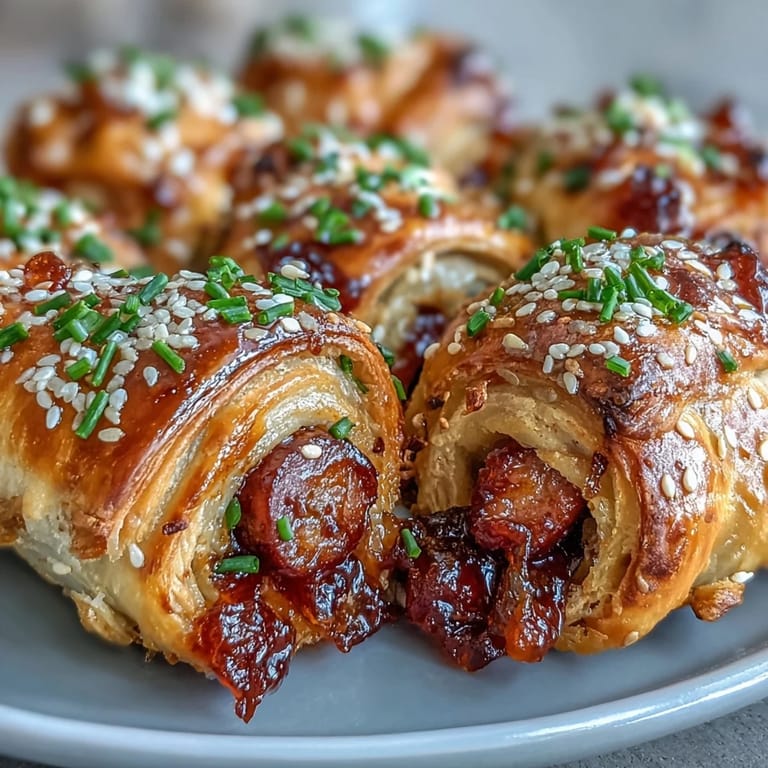 Easy Pepper Jelly Hogs in a Blanket appetizer, golden puff pastry wrapped around juicy mini sausages.