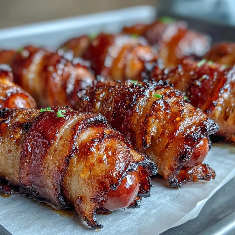 Juicy mini sausages wrapped in crispy bacon, drizzled with maple glaze on a parchment-lined tray.