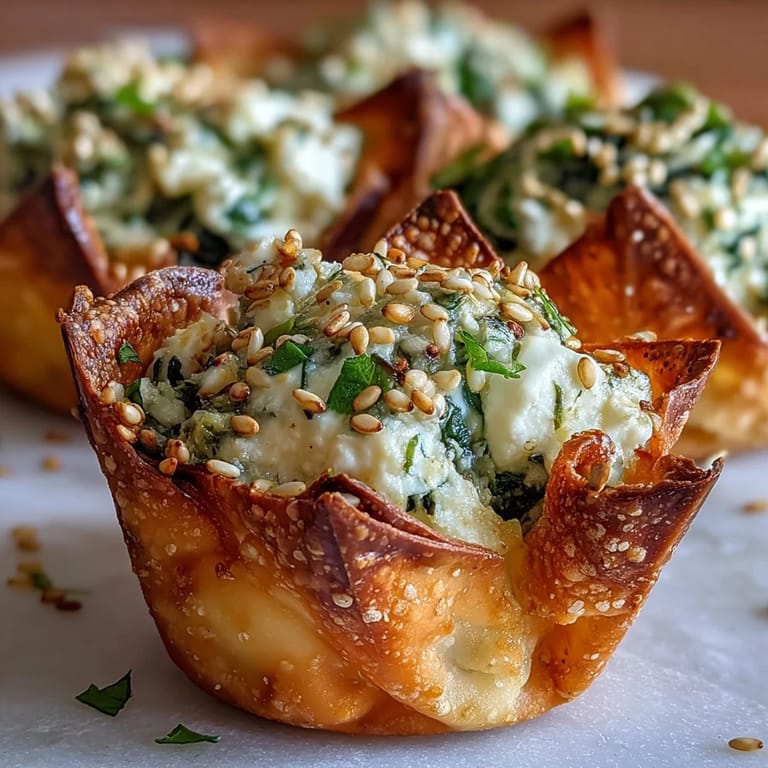 Close-up shot of a Mediterranean Spinach and Feta Cheese Crisp, showing wilted spinach and melted feta inside a crunchy shell.