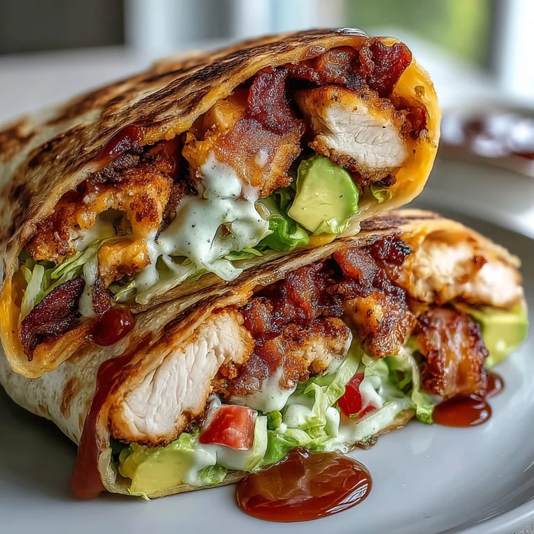 Golden-brown Crispy Chicken Bacon Wrap cut in half on a wooden board, revealing layers of bacon, lettuce, and melted cheddar.