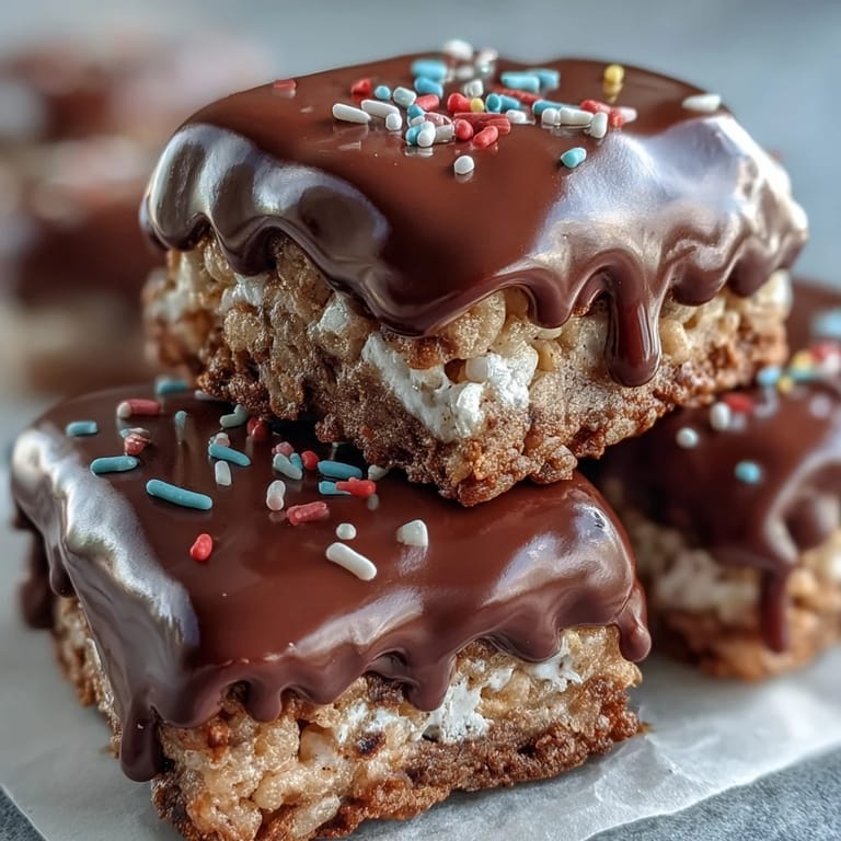 Vibrant sprinkles add a festive crunch to these rich, chocolate-dipped Rice Krispy Treats, ready to serve.
