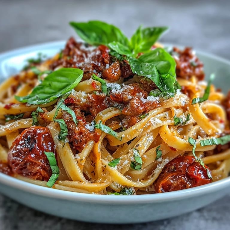 Rich, wine-kissed sauce clings to every strand of spaghetti, punctuated by sweet blistered cherry tomatoes and savory crumbled Italian sausage.