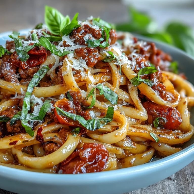 A steamy, restaurant-quality plating of Italian Drunken Noodles topped with spicy sausage and herbs, ready to enjoy with a glass of red wine.