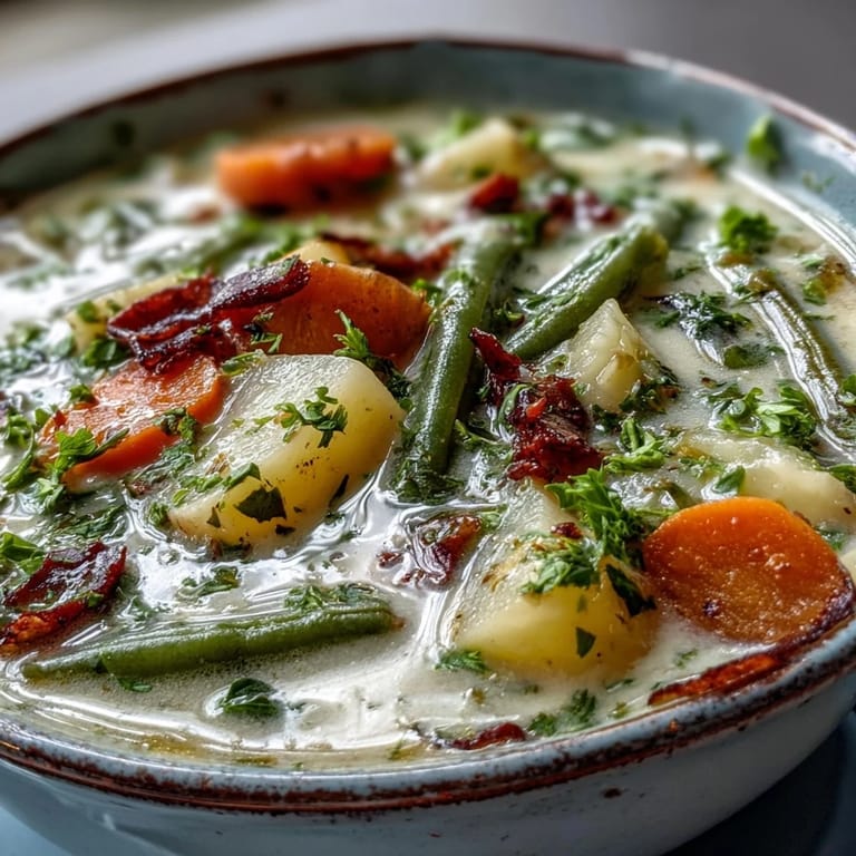 Cozy pot of Amish Snow Day Soup featuring diced vegetables and corn in a velvety cream base, ready to serve.