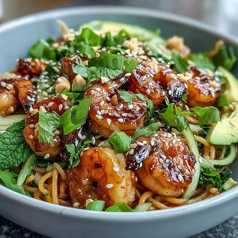 Smoky grilled shrimp atop a hearty Grilled Shrimp Asian Noodle Bowl with sprouts and lime wedges.
