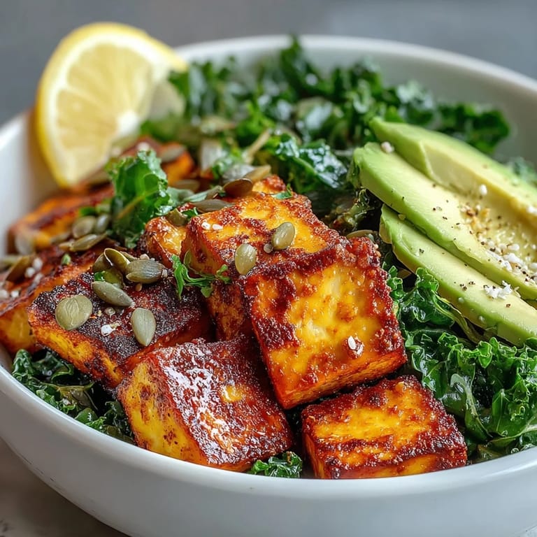 A hearty serving of Tofu Breakfast Bowl with Avocado and Kale, plated with bright greens and a rustic lemon wedge for zest.