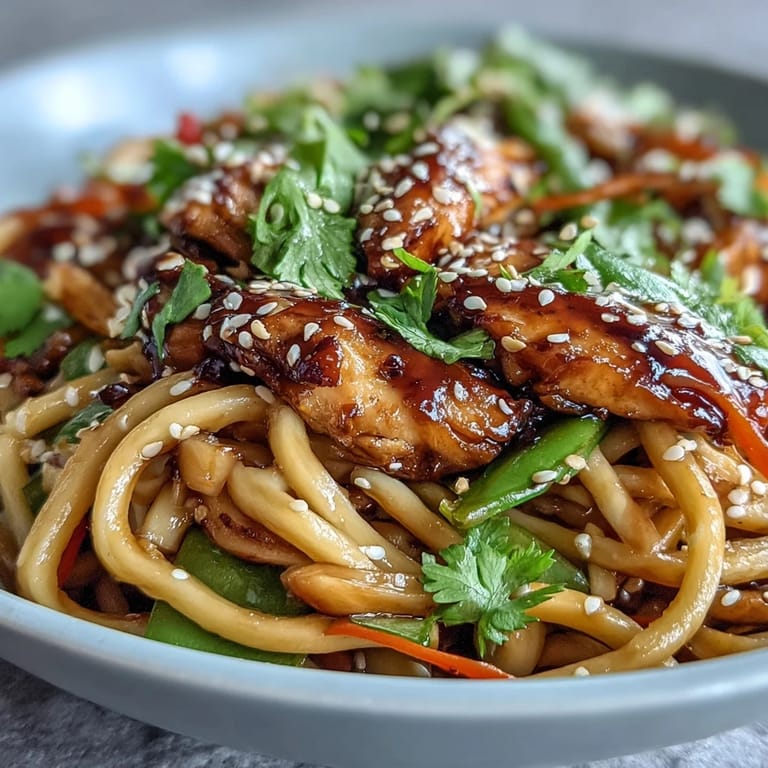 Stir-fried Sesame Chicken Noodle Bowl served hot, featuring colorful bell peppers and carrots in a glossy ginger-garlic sauce.