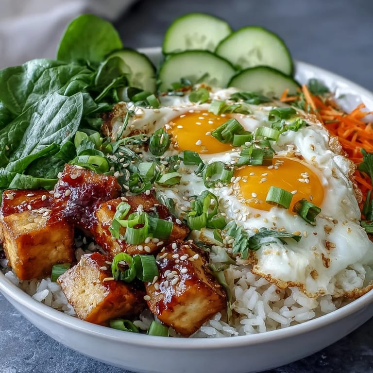 Savory Tofu Jammy Egg Breakfast Bowl garnished with sesame seeds and cilantro, ready to enjoy with a drizzle of tangy ginger scallion sauce.