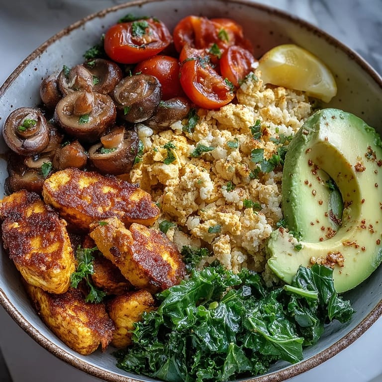 Golden turmeric scrambled tofu, sautéed garlicky mushrooms, and wilted kale served over fluffy whole wheat couscous for a hearty meal.