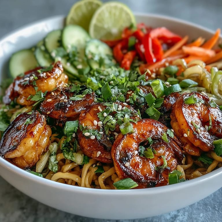 Vibrant julienned carrots and cucumbers top warm sesame noodles with grilled shrimp, creating a colorful and fresh weeknight dinner bowl.